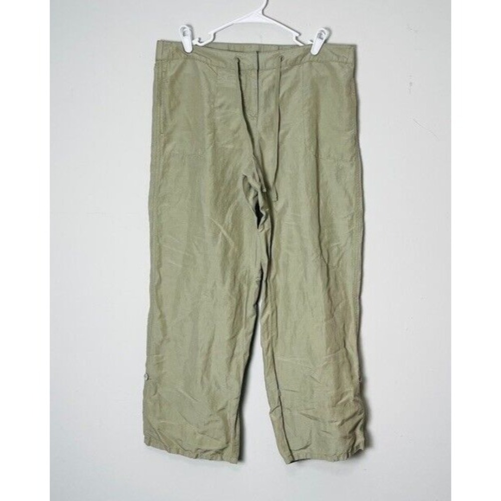 J.Jill Cropped Linen Blend Pants Women's 10 Green Drawstring Waist Casual‎ Khaki